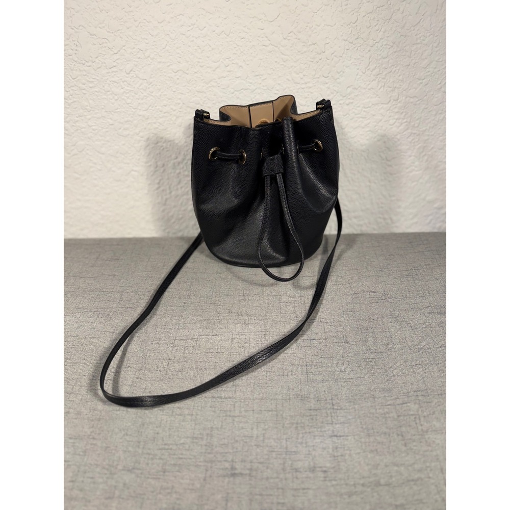 Black Pebbled Faux Leather Drawstring Mini Bucket Bag Crossbody Gold Hardware